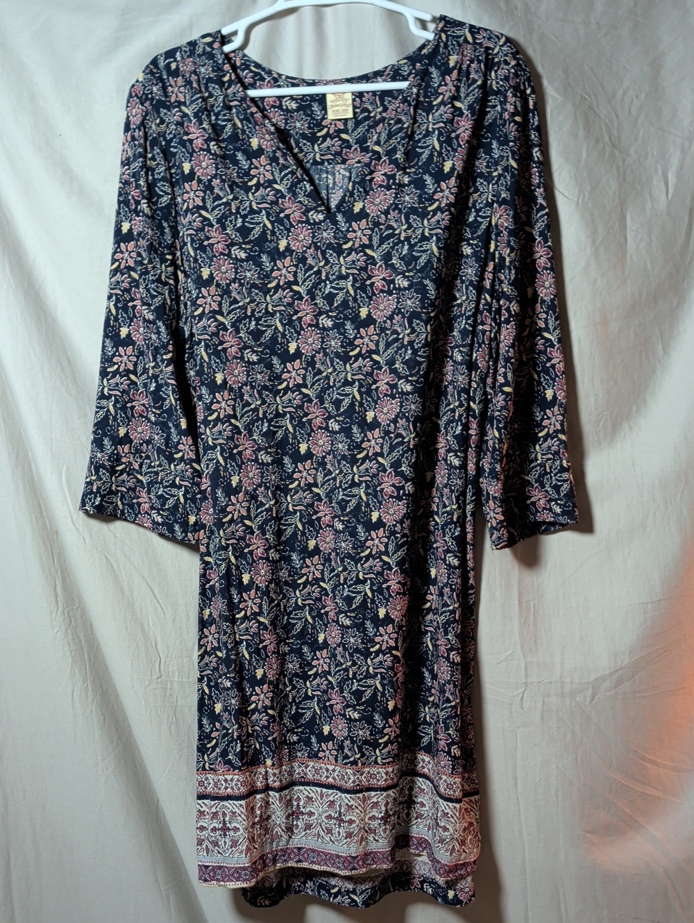 Faded Glory Navy Floral V-Neck Midi Dress with Pink and Cream Accents
